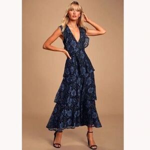 Lulus Molinetto Lace Ruffled Tiered Sleeveless Maxi Dress Black Blue Size L